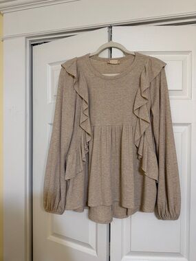 Altar'd State Taupe Ruffle Peplum Long-Sleeve Top